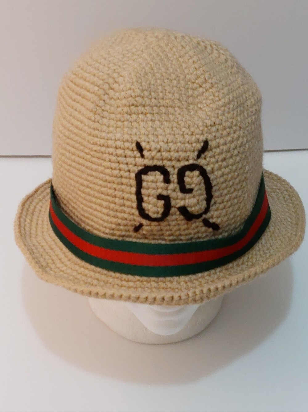 Beige Knit-Crochet Hat With Green-Red Stripes